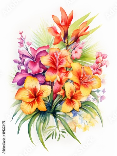 Vivid and Colorful Exotic Tropical Flowers Bouquet on White Canvas AI Generated © Alex