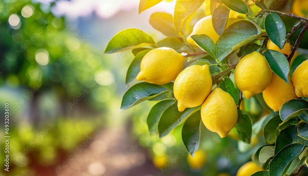 fresh ripe lemons hanging on a lemon tree branch in sunny garden generative ai background copy space