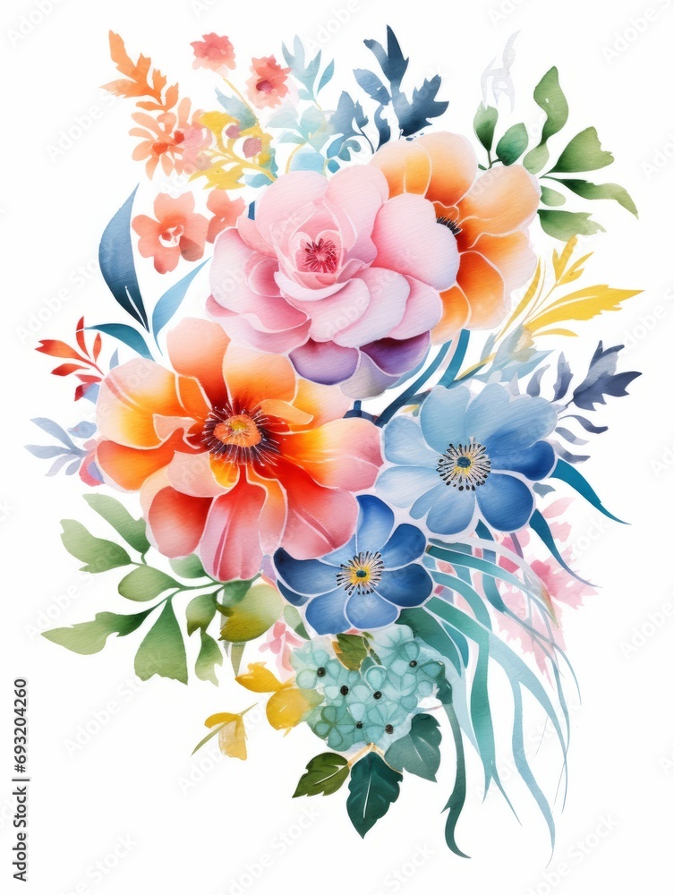 Fantasy Flower Watercolor Illustration on White Background AI Generated