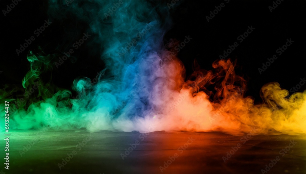 colorful smoke on floor black background misty fog effect texture overlays for text or space