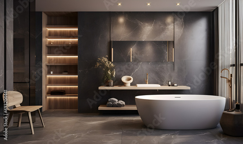 A modern luxurious minimalist bathroom design, interior design, concept photo, design example photo