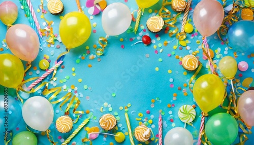 birthday party background on blue top view frame made of colorful serpentine balloons candles and candies
