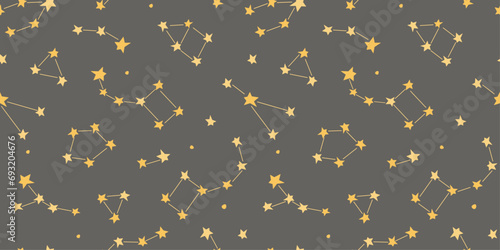 Seamless pattern with constellations on a dark sky background. Abstract space with stars. Vector graphics.