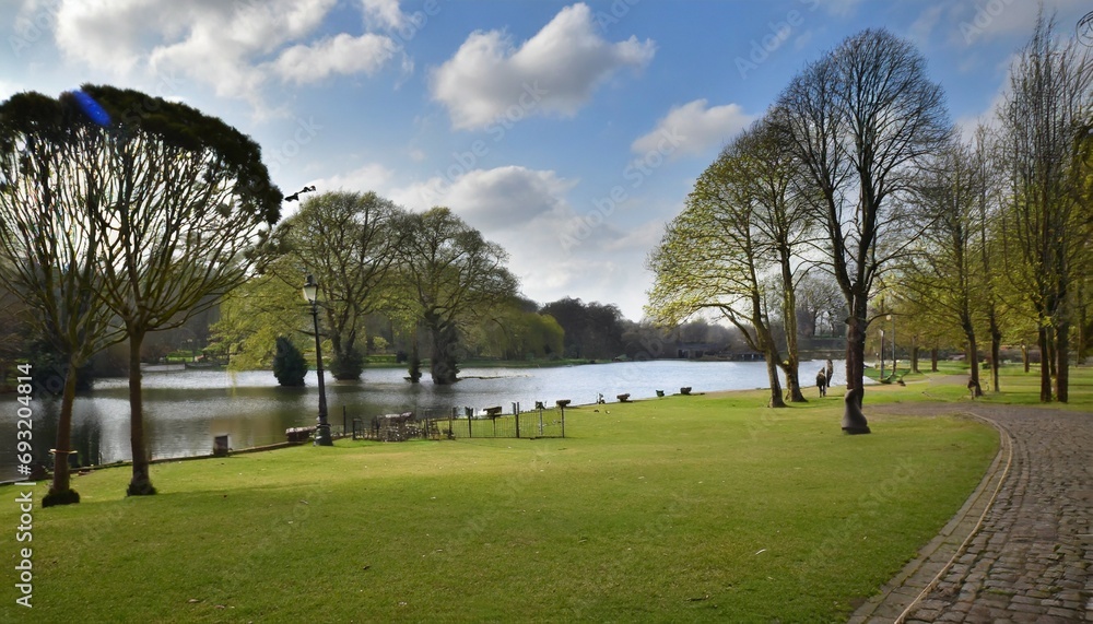 park landscape with trees and lake background