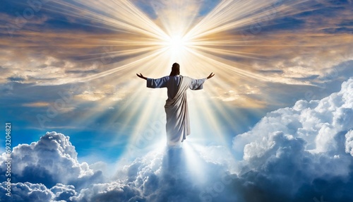 the resurrected jesus christ ascending to heaven above the bright light sky and clouds and god heaven and second coming concept generative ai photo