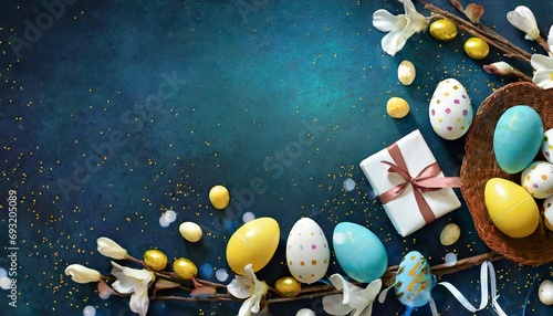 dark blue easter background template with easter eggs greetings and presents for easter day copy space generative ai