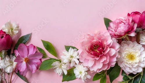 banner with flowers on light pink background greeting card template for wedding mothers or womans day springtime composition with copy space flat lay style