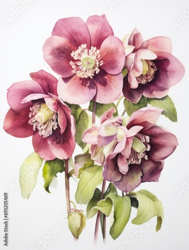 Group of Hellebores: A Watercolor Painting on White Canvas AI Generated