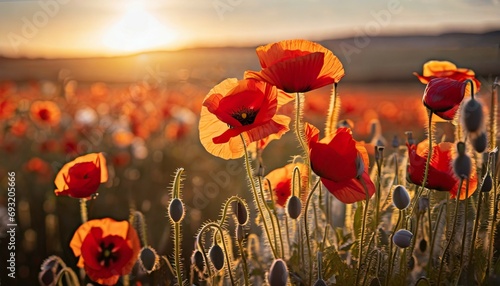 beautiful nature background with red poppy flower poppy in the sunset in the field remembrance day veterans day lest we forget concept photo