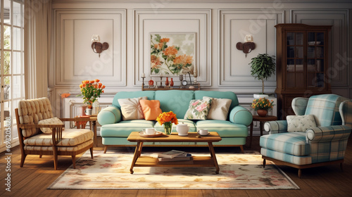 Cozy and charming living room in retro classical style, adorned with loose furniture that adds a vintage flair to the overall ambiance.