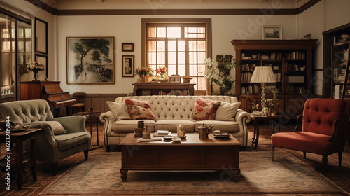 Cozy and charming living room in retro classical style, adorned with loose furniture that adds a vintage flair to the overall ambiance. © Zeeshan Qazi