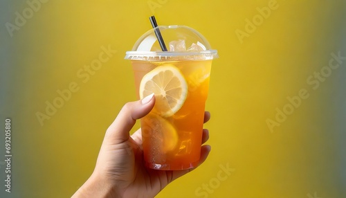 a hand holding takeaway plastic cup of delicious iced lemon tea on yellow background