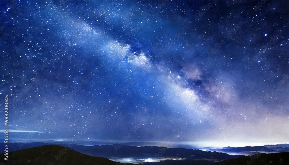 night starry sky and bright blue galaxy horizontal background