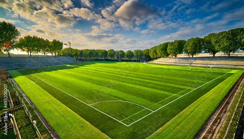 overhead of the green grass of a soccer field or golf course for background or texture green grass in the stadium