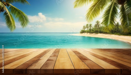 wooden table top with the blurred tropical beach landscape for display or montage your products ai generative © Kelsey