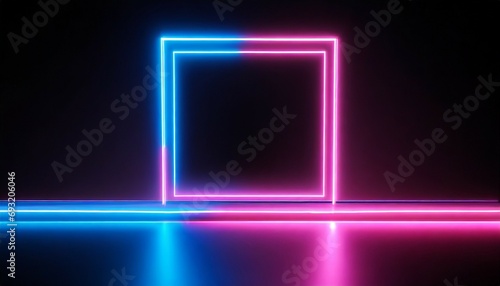 square rectangle picture frame with two tone neon color motion graphic on black background blue and pink light moveing for overlay element 3d illustration rendering empty copy space middle