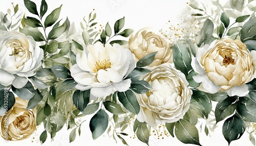watercolor seamless border illustration with green gold leaves white flowers rose peony and branches for wedding stationary greetings wallpapers fashion backgrounds wrappers generative ai
