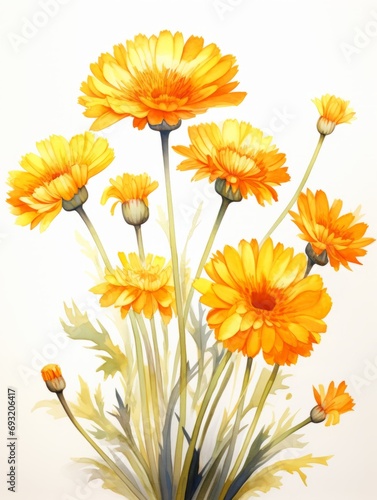 Whimsical Watercolor Field of Calendula on White Backdrop AI Generated
