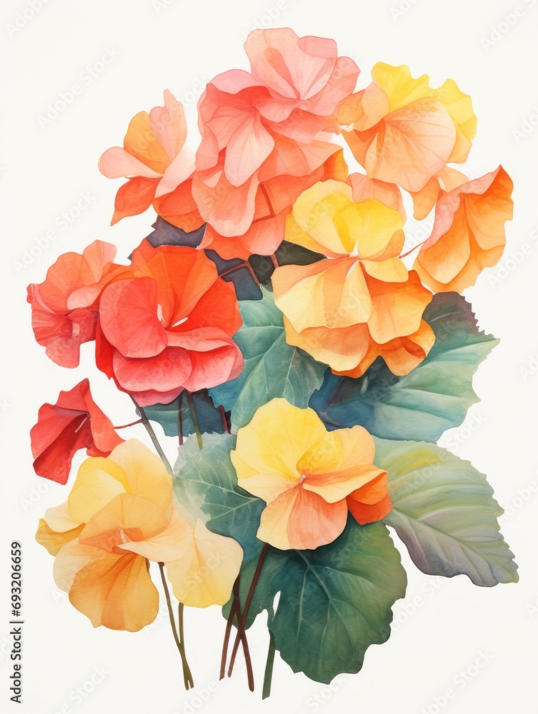 Abstract Watercolor Artwork of Begonias on White Background AI Generated