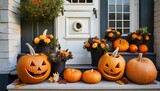 halloween pumpkins jack o lanterns on front porch exterior home decor seasonal decorations