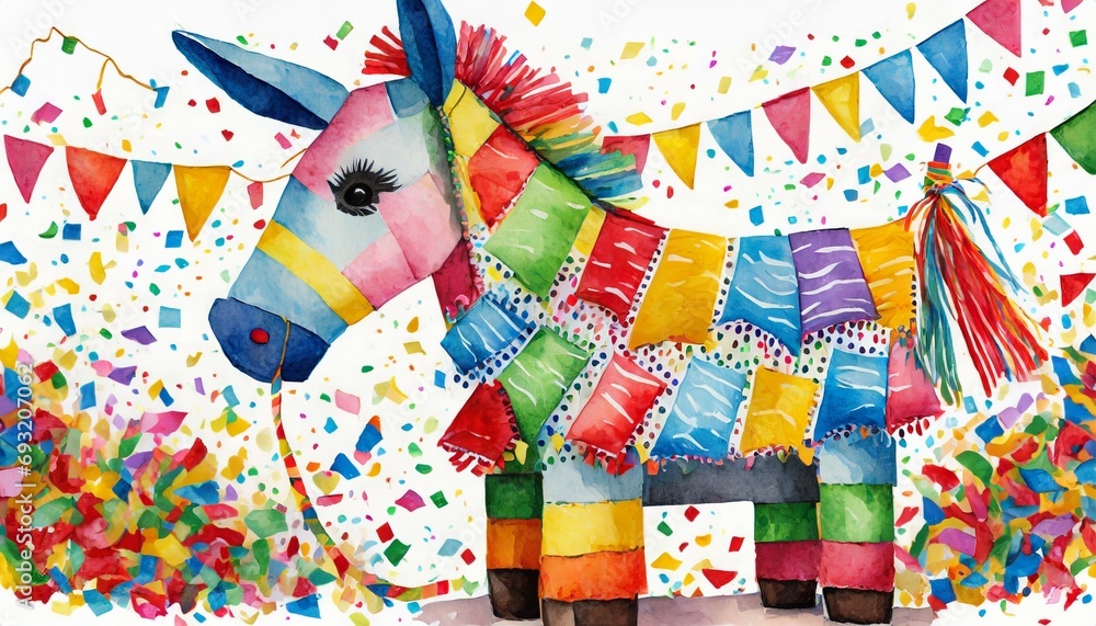 watercolor illustration of colorful funny donkey pinata against white background with papel picado and confetti hispanic decoration for las posadas