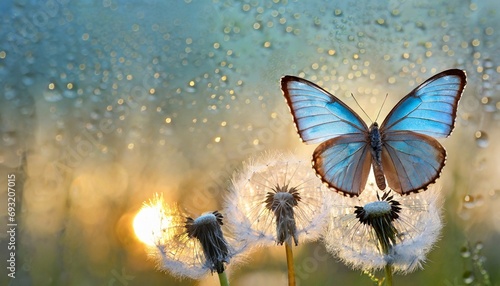 natural pastel background morpho butterfly and dandelion seeds of a dandelion flower in drops of water on a background of sunrise