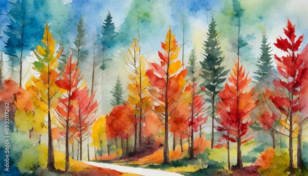 autumn forest landscape colorful watercolor painting of fall season red and yellow trees beautiful leaves pine trees minimal elegant flat scenery artistic natural scenery vintage pastel colors