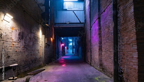 dimly lit alleyway with neon illumination in a cyberpunk urban setting