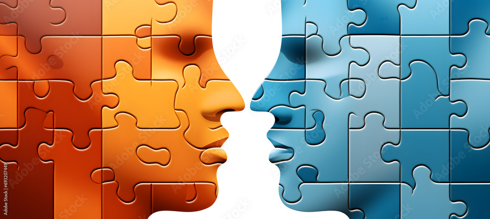 Human face  made of colorful puzzle pieces. Knowledge and logic concept. Header with connecting jigsaw puzzle pieces - obrazy, fototapety, plakaty 