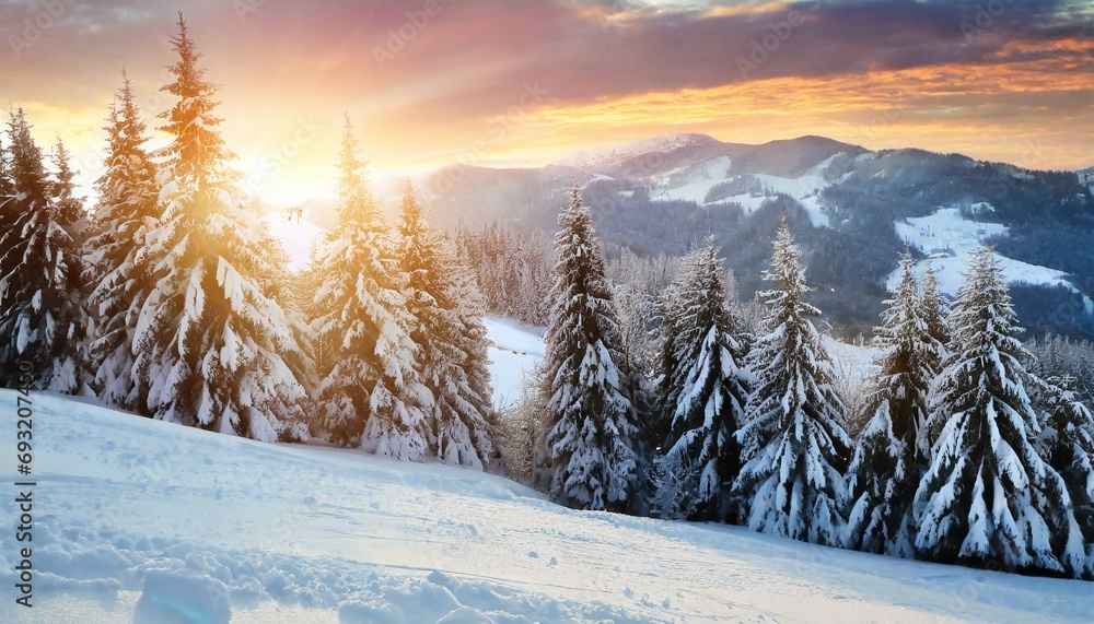 beautiful sunset at winter mountains landscape vivid white spruces on a snowy day alpine ski resort winter greeting card happy new year