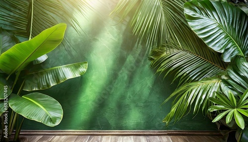 bali style template green background exotic tropical wall with green palm and banana leaves and atmospheric sunlight rays