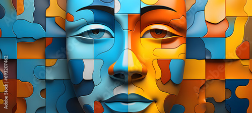 Human face made of colorful puzzle pieces. Knowledge and logic concept. Header with connecting jigsaw puzzle pieces