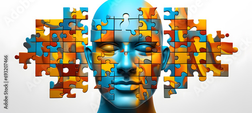 Human face made of colorful puzzle pieces. Knowledge and logic concept. Header with connecting jigsaw puzzle pieces