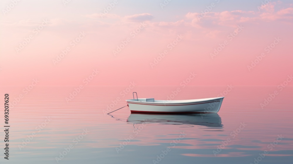 a boat floating on top of a body of water with a pink sky in the background and a red and white stripe on the front of the bottom of the boat. a boat floating on top of a body of water with a pink sky in the background and a red and white stripe on the front of the bottom of the boat.