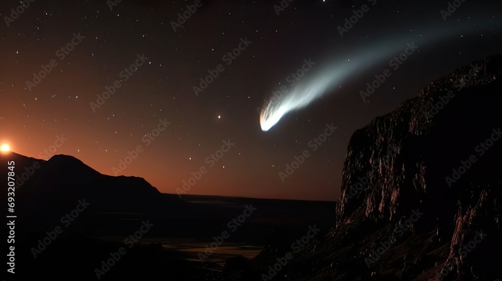 A comet, asteroid, meteorite flying to the planet. Glowing asteroid with tail threatening the safety of the Earth. Beautiful starry sky background. A comet, asteroid, meteorite flying to the planet. Glowing asteroid with tail threatening the safety of the Earth. Beautiful starry sky background.