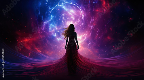 The silhouette on a space background with mystical curves and fractals