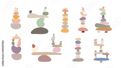 Zen stone cairns set in simple abstract doodle style vector illustration, relax, meditation yoga concept, boho color stone pyramid for making banner, poster, card, print, wall art