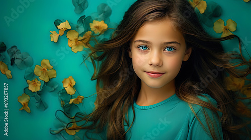 A girl on a turquoise background, embodied freshness and purity