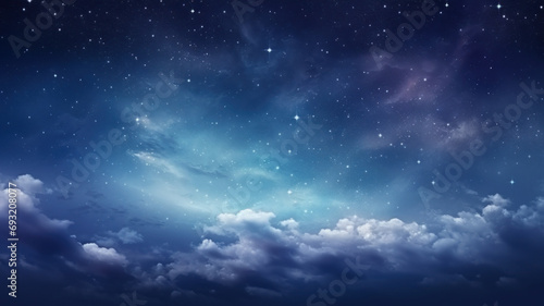 Stars in the night sky. Fluffy volumetric clouds at night against a dark blue sky with stars background. Background night sky with stars and clouds. © ekim