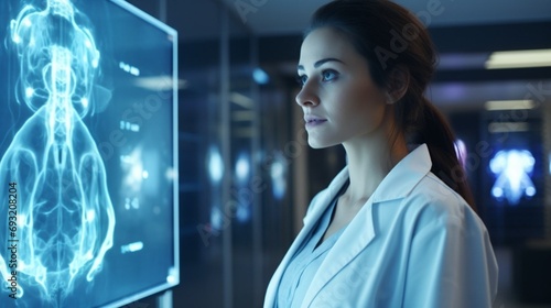 A doctor woman using 3D artificial intelligence, a blue light in the back, 4k , Generated AI