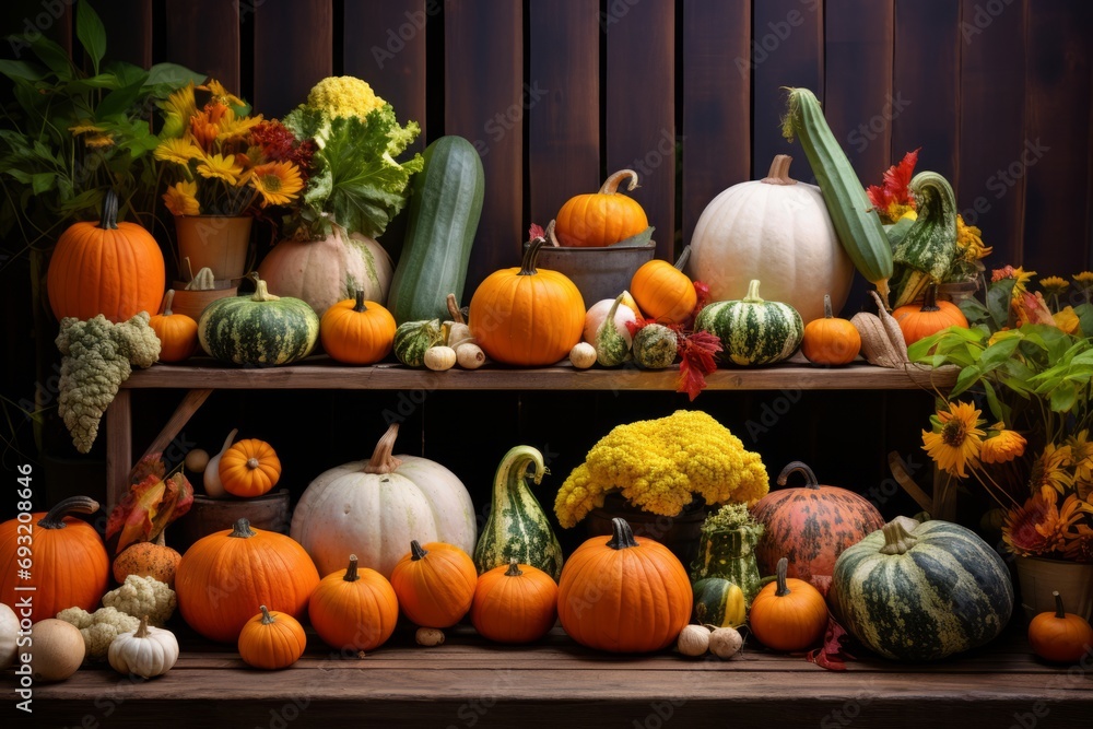 An array of pumpkins in diverse shapes and colors, set against the vibrant hues of autumn leaves and rustic festive adornments