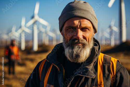 Male workman in hard hat standing. A man with a beard and a beanie standing in front of wind turbines photo