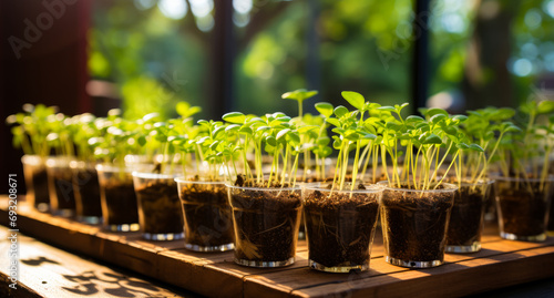 Seedlings growing in a box on a window. A wooden tray topped with small pots filled with plants
