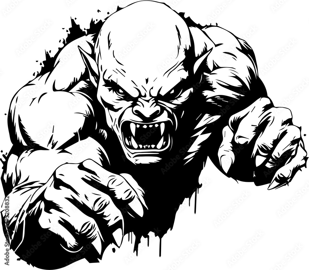 Black and White Design of an Orc - Attacking - Fantasy RPG Clipart ...