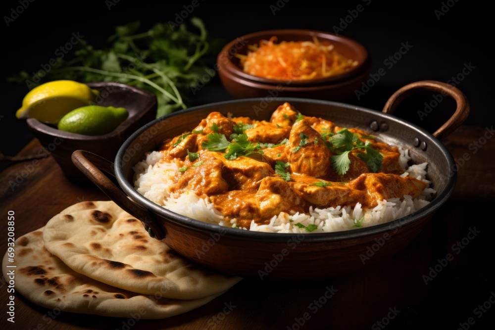 Delicious Indian Xacuti Dish, a Symphony of Spices and Flavors, Served with Rice and Naan