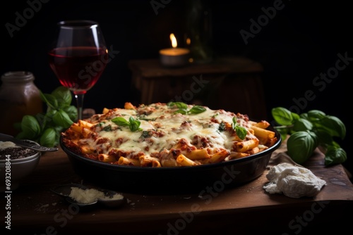 A mouth-watering dish of traditional Italian Ziti al Forno  straight from the oven and ready to be enjoyed with a fine red wine