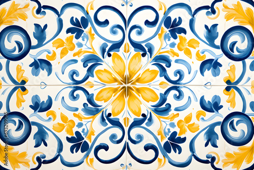 Rustic blue and yellow tile watercolor seamless pattern. Pattern of azulejos tiles 