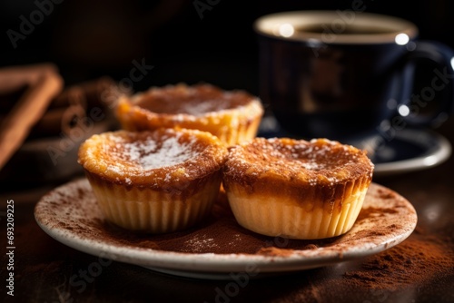 A taste of Portugal: freshly baked Pastel de Nata tarts, dusted with cinnamon and sugar, ready for a delightful breakfast