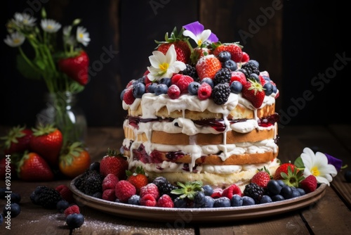 An eye-catching layered cake with colorful icing and fruit toppings, presented on a rustic wooden surface