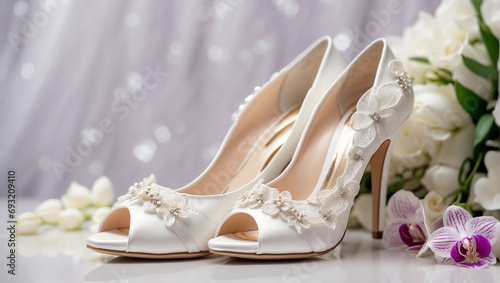  Beautiful white bride's shoes, flowers background event